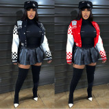 Ribbed Color Block Print Baseball Jacket YNSF-2663