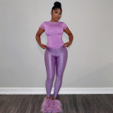 Simple Solid Color Short Sleeve T-Shirt Skinny Pants Two Piece Set MXBF-D24ST373
