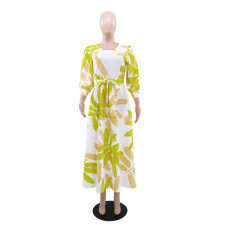 Print Long Sleeve Belt Maxi Dress GYLY-10553