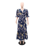 Fashion Print V Neck Ruffles Split Maxi Dress GYLY-10532