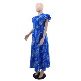 Print Ruffles Sleeve Slim Maxi Dress GYLY-10555