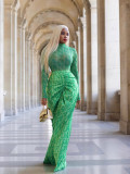Mesh Long Sleeve Tops And Long Skirts Two Piece Set QODY-6050