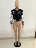 Ribbed Color Block Print Baseball Jacket YNSF-2663