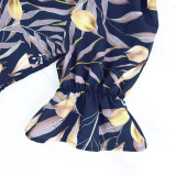 Fashion Print V Neck Ruffles Split Maxi Dress GYLY-10532