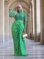 Mesh Long Sleeve Tops And Long Skirts Two Piece Set QODY-6050