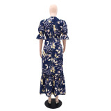 Fashion Print V Neck Ruffles Split Maxi Dress GYLY-10532