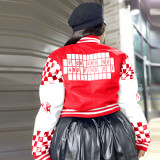 Ribbed Color Block Print Baseball Jacket YNSF-2663