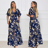 Fashion Print V Neck Ruffles Split Maxi Dress GYLY-10532