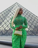 Mesh Long Sleeve Tops And Long Skirts Two Piece Set QODY-6050