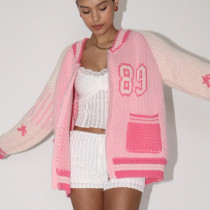 Letter Print Baseball Zipper Sweater Loose Top MDF-5553