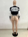 Ribbed Color Block Print Baseball Jacket YNSF-2663
