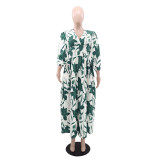 Fashion Print Long Sleeve V Neck Maxi Dress GYLY-10559