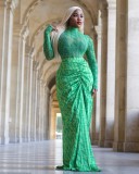 Mesh Long Sleeve Tops And Long Skirts Two Piece Set QODY-6050