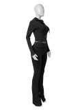 Washed Hooded Zipper Flared Pants Two Piece Set CH-24063