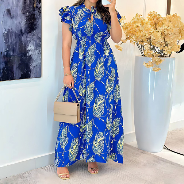 Print Ruffles Sleeve Slim Maxi Dress GYLY-10555