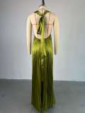 Halter V Neck Backless Pleated Maxi Dress GCNE-7637
