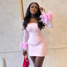 Feather Long Sleeve Solid Two Piece Skirts Set GCNE-7835
