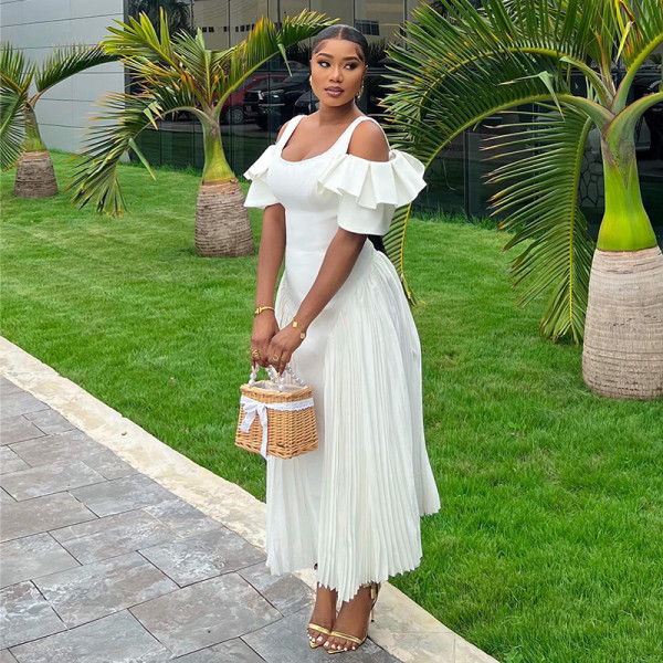 U Neck Ruffles Sleeve Big Swing Maxi Dress GCNE-7601