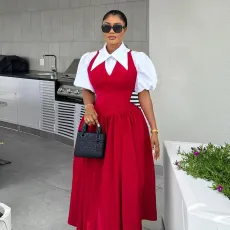Bubble Sleeve Shirt Neck Fake Two Maxi Dress GCNE-7782