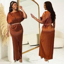 Short Sleeve Belted Solid Color Maxi Dress BY-C7103