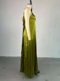 Halter V Neck Backless Pleated Maxi Dress GCNE-7637