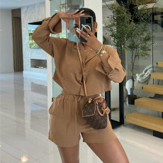 Solid Long Sleeve Shirt Shorts 2 Piece Set GCNE-7606