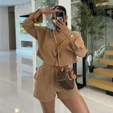 Solid Long Sleeve Shirt Shorts 2 Piece Set GCNE-7606