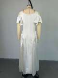 U Neck Ruffles Sleeve Big Swing Maxi Dress GCNE-7601
