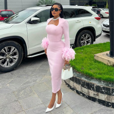 Long Sleeve Feather Splicing Midi Dress GCNE-7652