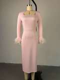 Long Sleeve Feather Splicing Midi Dress GCNE-7652