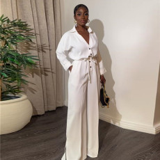 Solid Color Long Sleeve Buttoned Wide Leg Jumpsuit GCNE-7469
