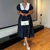 Bubble Sleeve Solid Color Midi Dress GCNE-92513