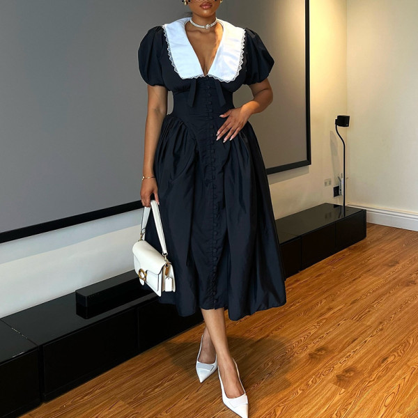 Bubble Sleeve Solid Color Midi Dress GCNE-92513