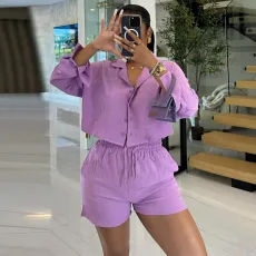 Solid Long Sleeve Shirt Shorts 2 Piece Set GCNE-7606