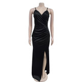 Sling V Neck Solid Color Evening Dress BY-7107