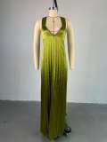 Halter V Neck Backless Pleated Maxi Dress GCNE-7637