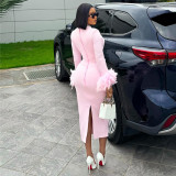 Long Sleeve Feather Splicing Midi Dress GCNE-7652