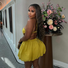 Solid Color Pleated Halter Mini Dress GCNE-7675