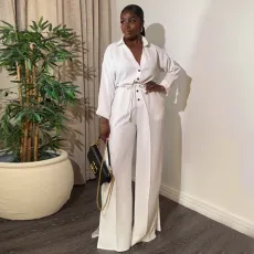 Solid Color Long Sleeve Buttoned Wide Leg Jumpsuit GCNE-7469