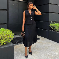 Suit Collar Double Breasted Vest Top Pleated Skirt Set GCNE-7309