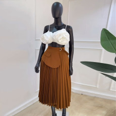 High Waist Irregular Tie Pleated Long Skirt GCNE-7493