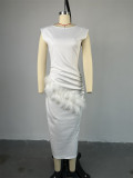Short Sleeve Solid Color Drawstring Raw Edge Long Dress GCNE-7282