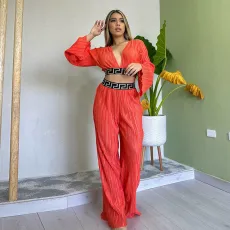 Press Pleat V-neck Flare Sleeve Shirt Wide Leg Pants Suit GCNE-6780