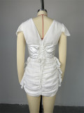 V Neck Short Sleeve Patchwork Pleated Mini Dress GCNE-7428
