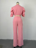 V Neck Flare Sleeve Tie Up Tops Loose Two Piece Pants Set GCNE-6851
