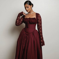 Square Neck Lace Long Sleeve Maxi Dress GCNE-7447
