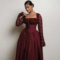 Square Neck Lace Long Sleeve Maxi Dress GCNE-7447