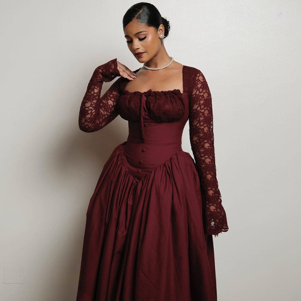 Square Neck Lace Long Sleeve Maxi Dress GCNE-7447