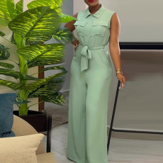 Lapel Loose Sleeveless Solid Color Jumpsuit GCNE-7041