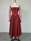 Square Neck Lace Long Sleeve Maxi Dress GCNE-7447